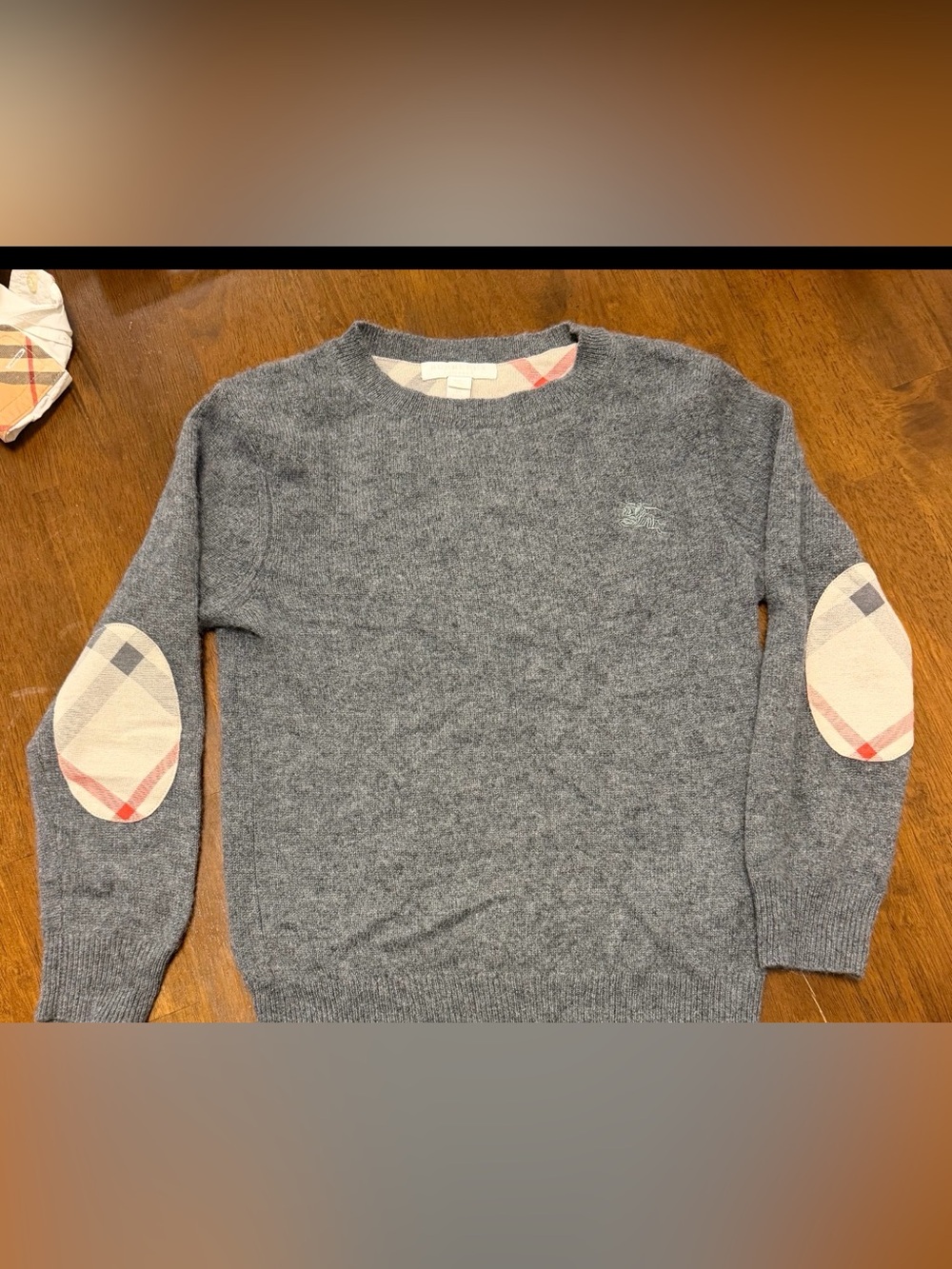Boys size 8 Grey Crewneck Sweater with Plaid Elbow Patches